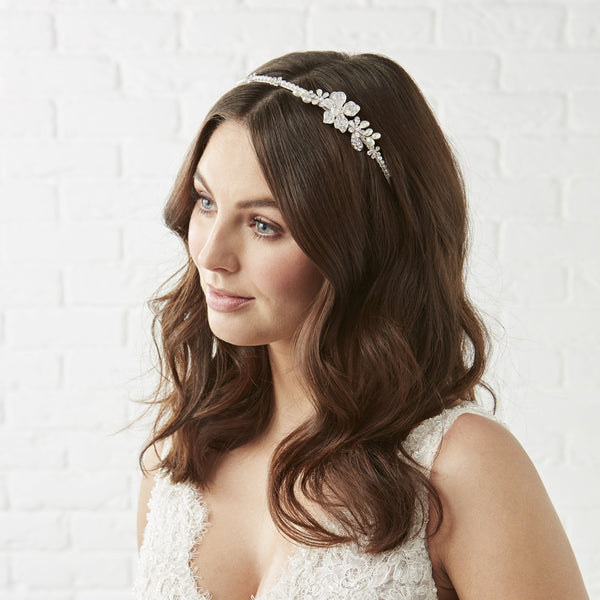 Silver Plated Clear Crystal Floral Headband Hair - Gift Pouch