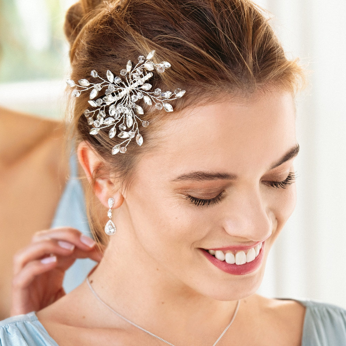 Silver Plated Thea Clear Crystal Bead Spray Hair Comb - Gift Pouch