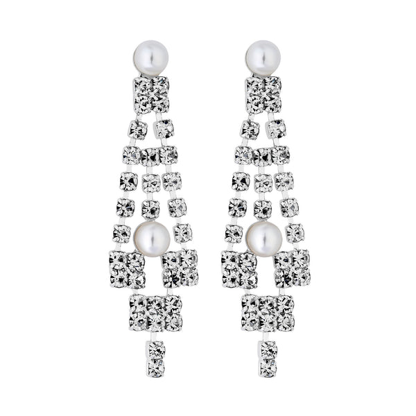 Silver Plated Pearl And Crystal V Drop Earrings