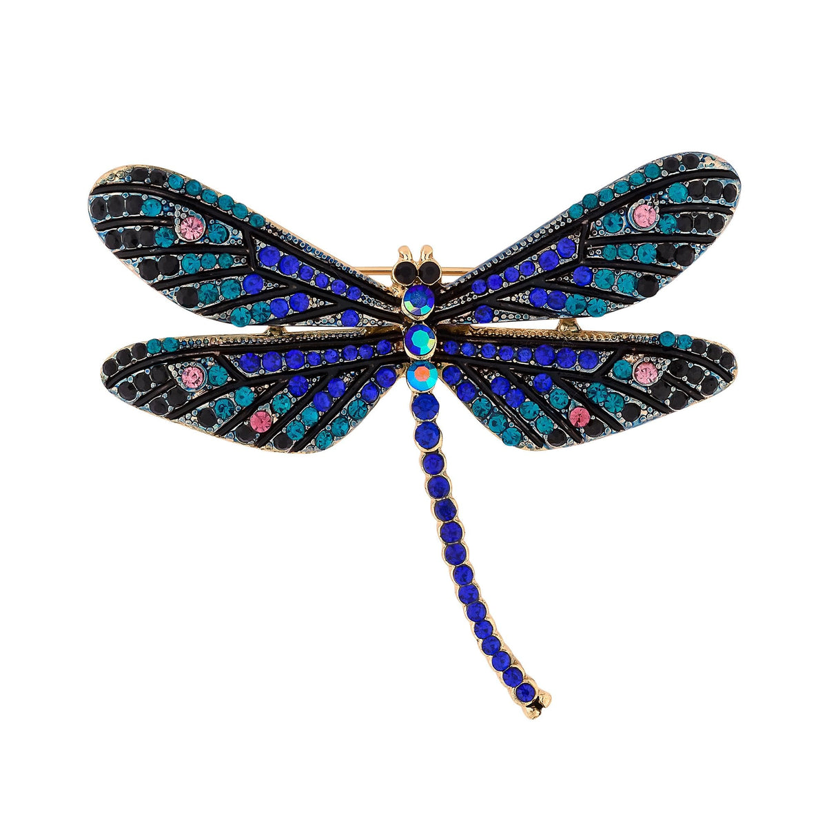 Gold Plated Crystal Blue Pave Dragonfly Brooch - Gift Boxed