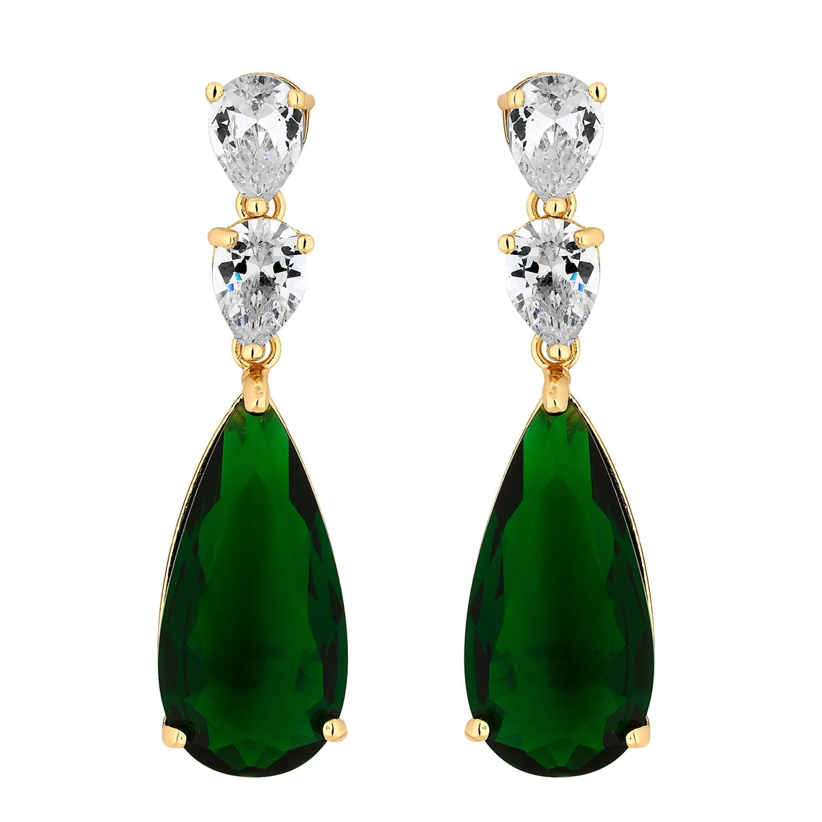 Gold Plated Cubic Zirconia Emerald Green Pear Drop Earrings - Gift Boxed