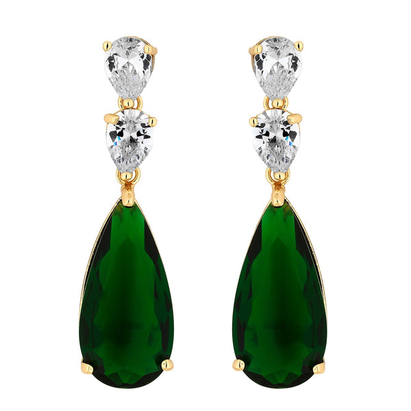 Gold Plated Cubic Zirconia Emerald Green Pear Drop Earrings - Gift Boxed