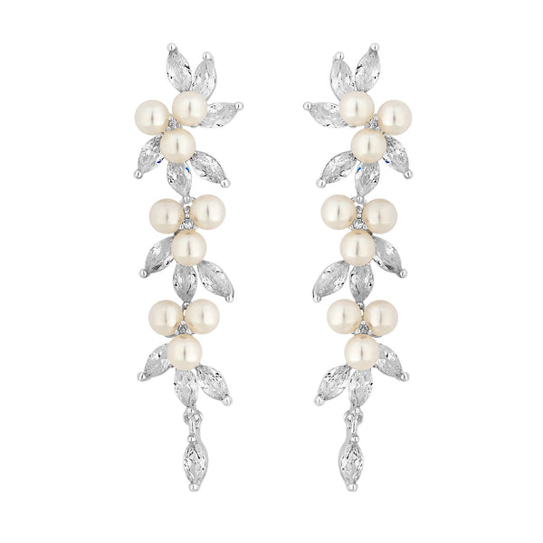Silver Pearl and Crystal Vine Pear Drop Earring