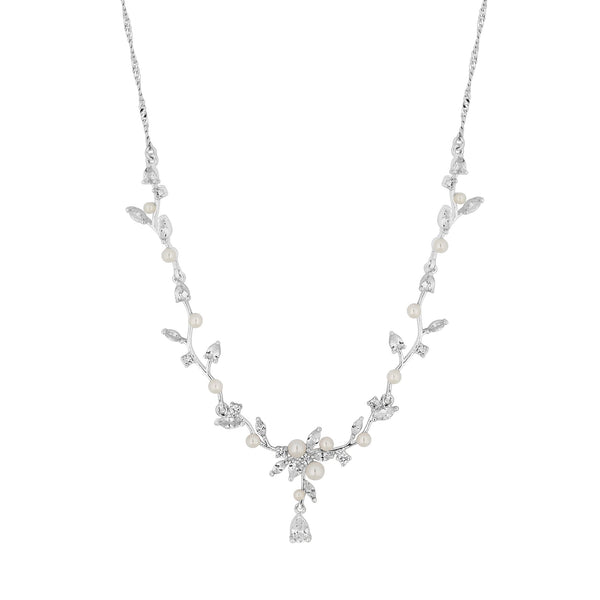 Silver Pearl and Crystal Vine Pear Drop Necklace
