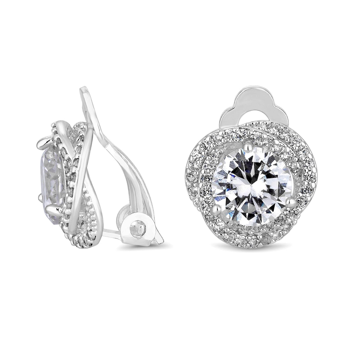 Silver Pave Crossover Halo With Centre Stone Clip Earrings