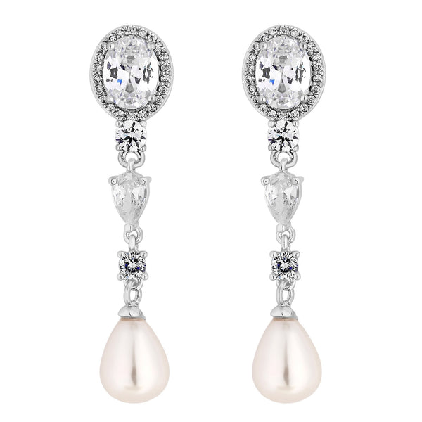 Silver Plated Crystal and Teardrop Pearl Drop Earrings