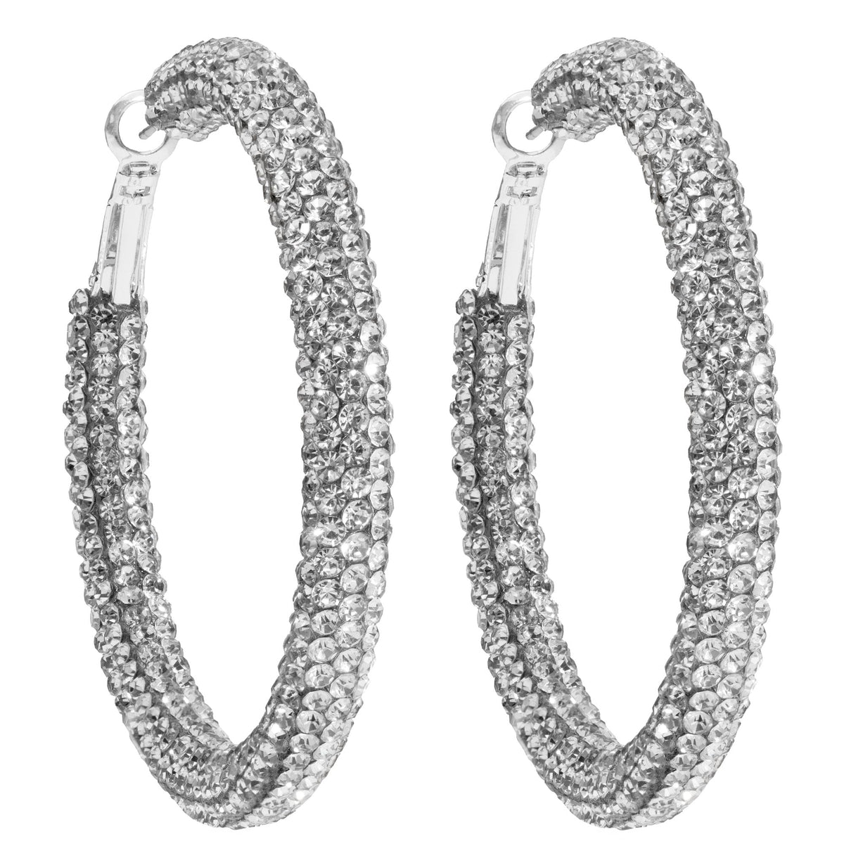Silver Crystal Pave Tube Hoop Earring