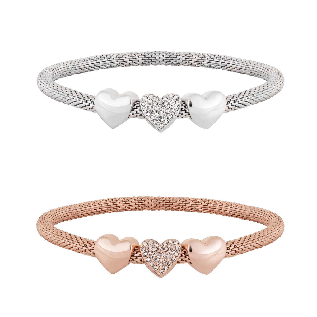 Two Tone Plated Mesh Heart Charm Stretch Wristwear - Gift Boxed