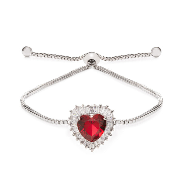 Silver Plated Ruby Red Cubic Zirconia Heart Toggle Bracelet - Gift Boxed