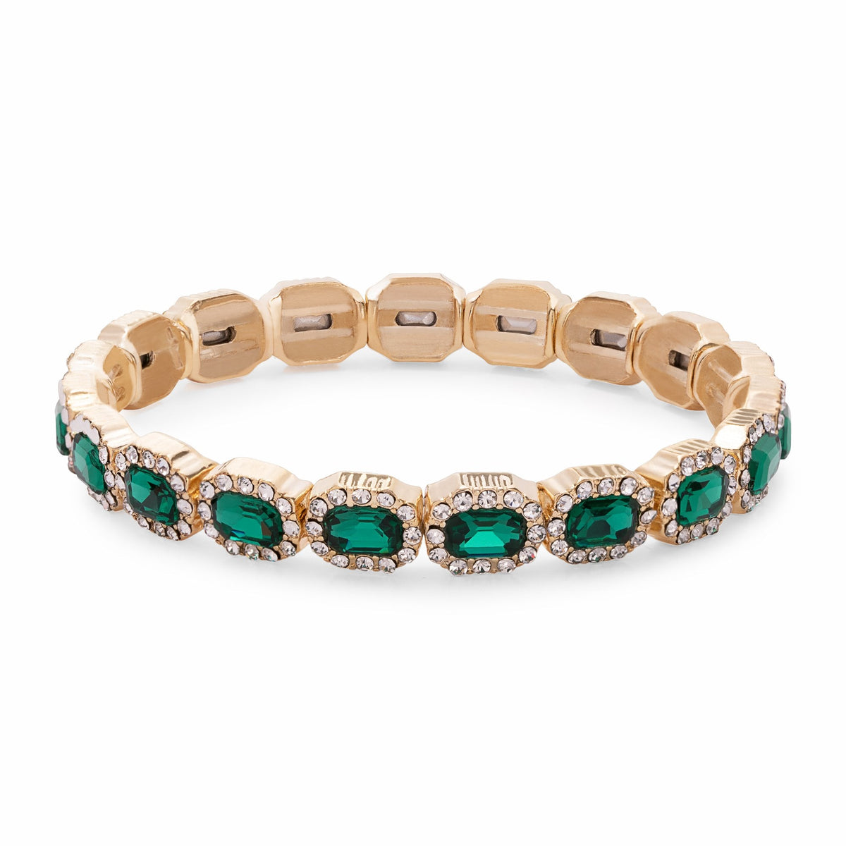 Gold Plated Emerald Green Crystal Rectangle Stretch Bracelet