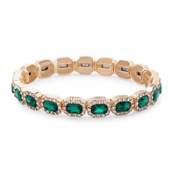 Gold Plated Emerald Green Crystal Rectangle Stretch Bracelet