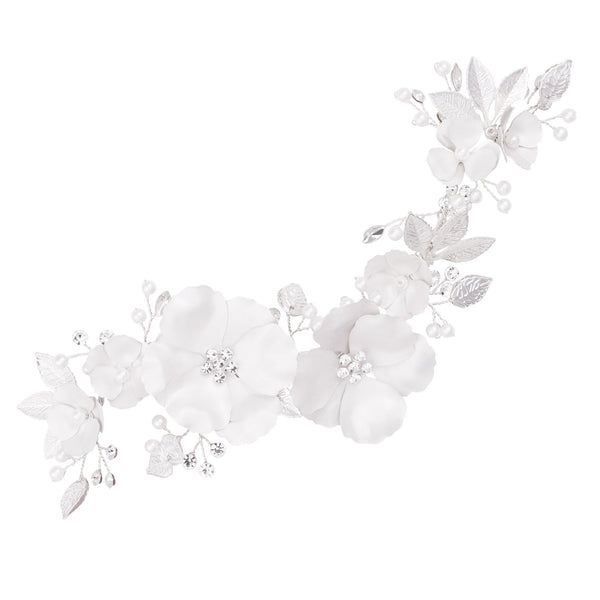 Silver Plated Enamel Petal And Crystal Leaves Hair Slide - Gift Pouch