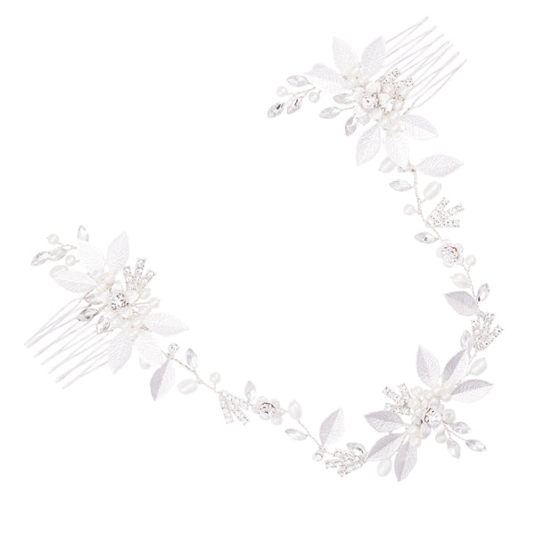 Lena Silver Crystal Fresh Water Pearl Double Hair Comb - Gift Pouch