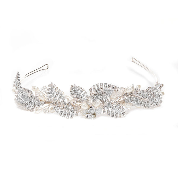Leah Crystal Pave Leaf And Pearl Tiara - Gift Pouch