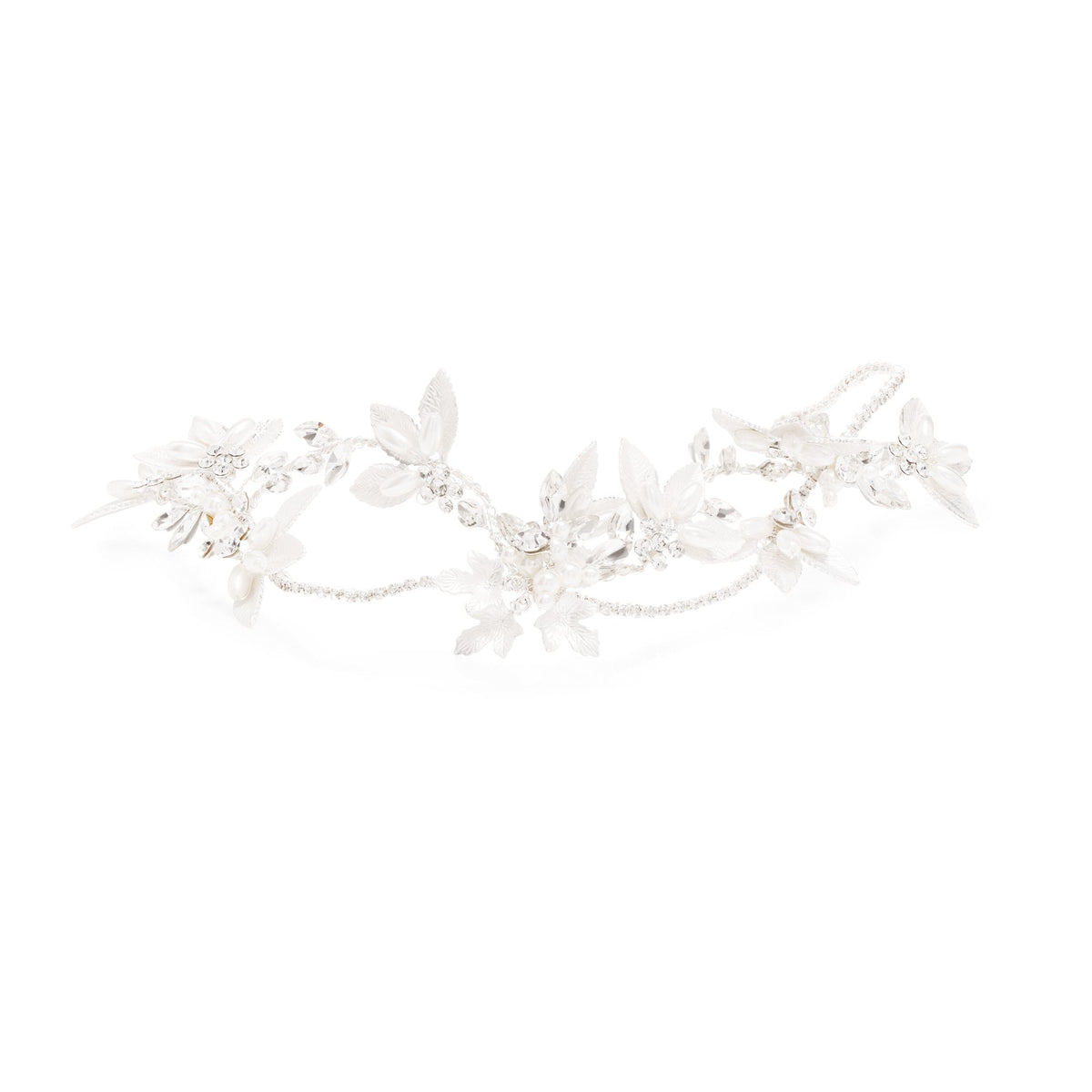 Gloria Silver Plated Cross Over Brushed Leaf And Pearl Hair Vine - Gift Pouch