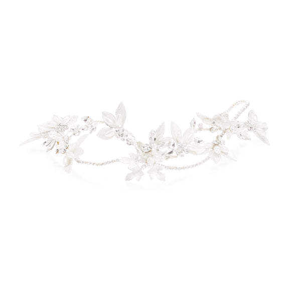 Gloria Silver Plated Cross Over Brushed Leaf And Pearl Hair Vine - Gift Pouch
