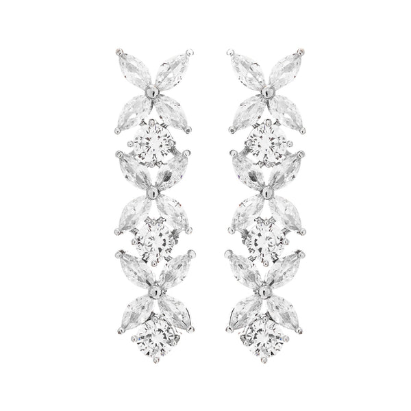 Silver Plated Cubic Zirconia Floral Tennis Drop Earring