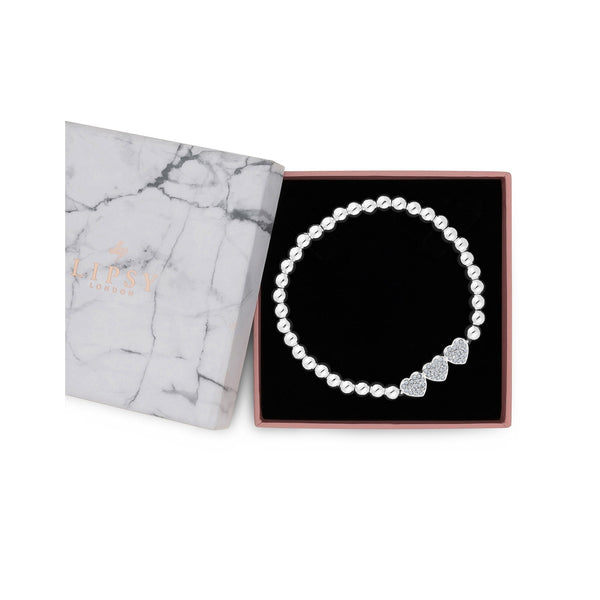 Silver Plated Crystal Heart Charm Stretch Bracelet - Gift Boxed