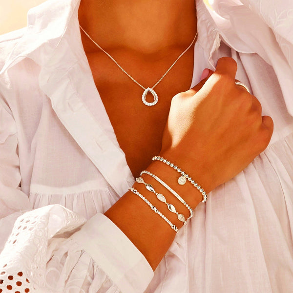 Sterling Silver 925 Cubic Zirconia Bar Beaded Stetch Bracelet