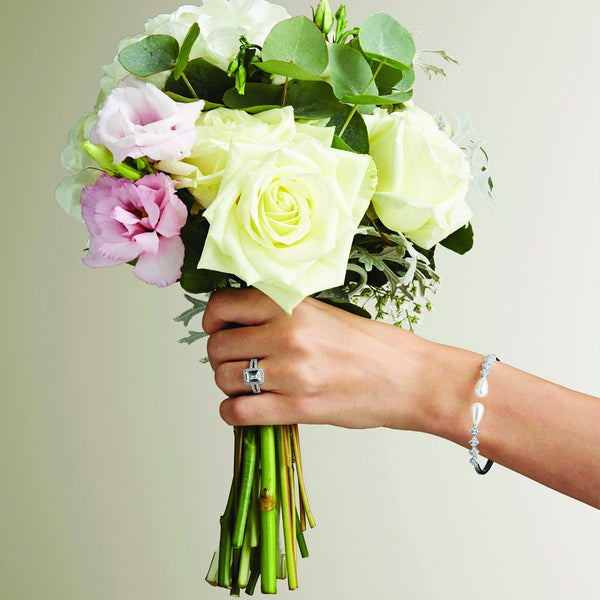 Silver Plated Cubic Zirconia Floral And Pearl Cuff Bangle