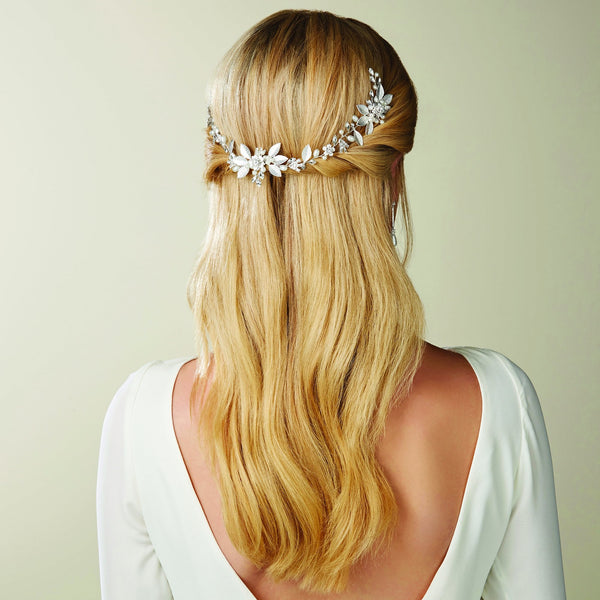 Lena Silver Crystal Fresh Water Pearl Double Hair Comb - Gift Pouch