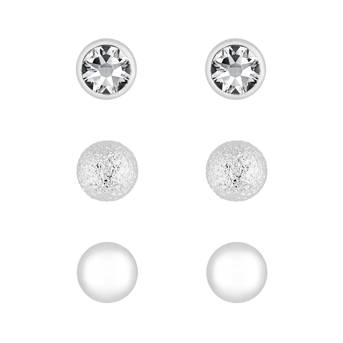 Silver Plated Crystal Stud Earrings  - Pack of 3