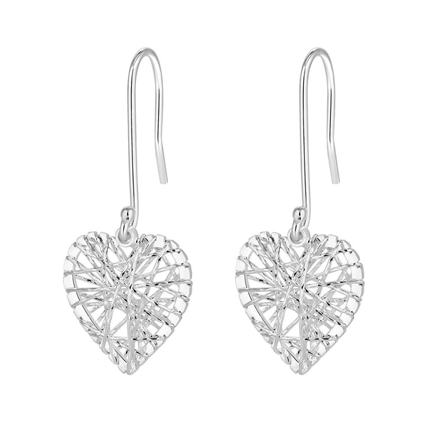 Sterling Silver 925 Diamond Cut Cage Heart Drop Earring