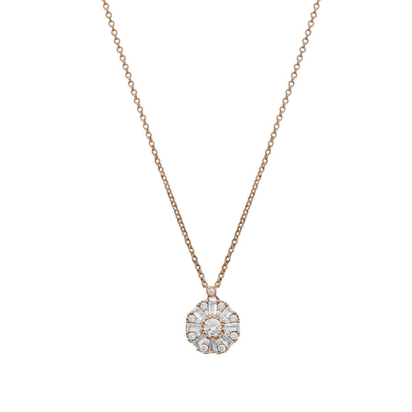 Sterling Silver 14ct Rose Gold Cubic Zirconia Baguette Halo Pendant Necklace