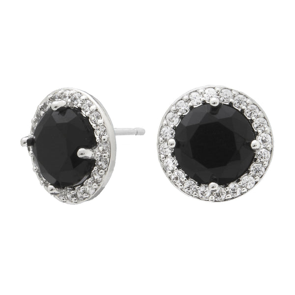 Rhodium Plated Jet Cubic Zirconia Halo Stud Earrings