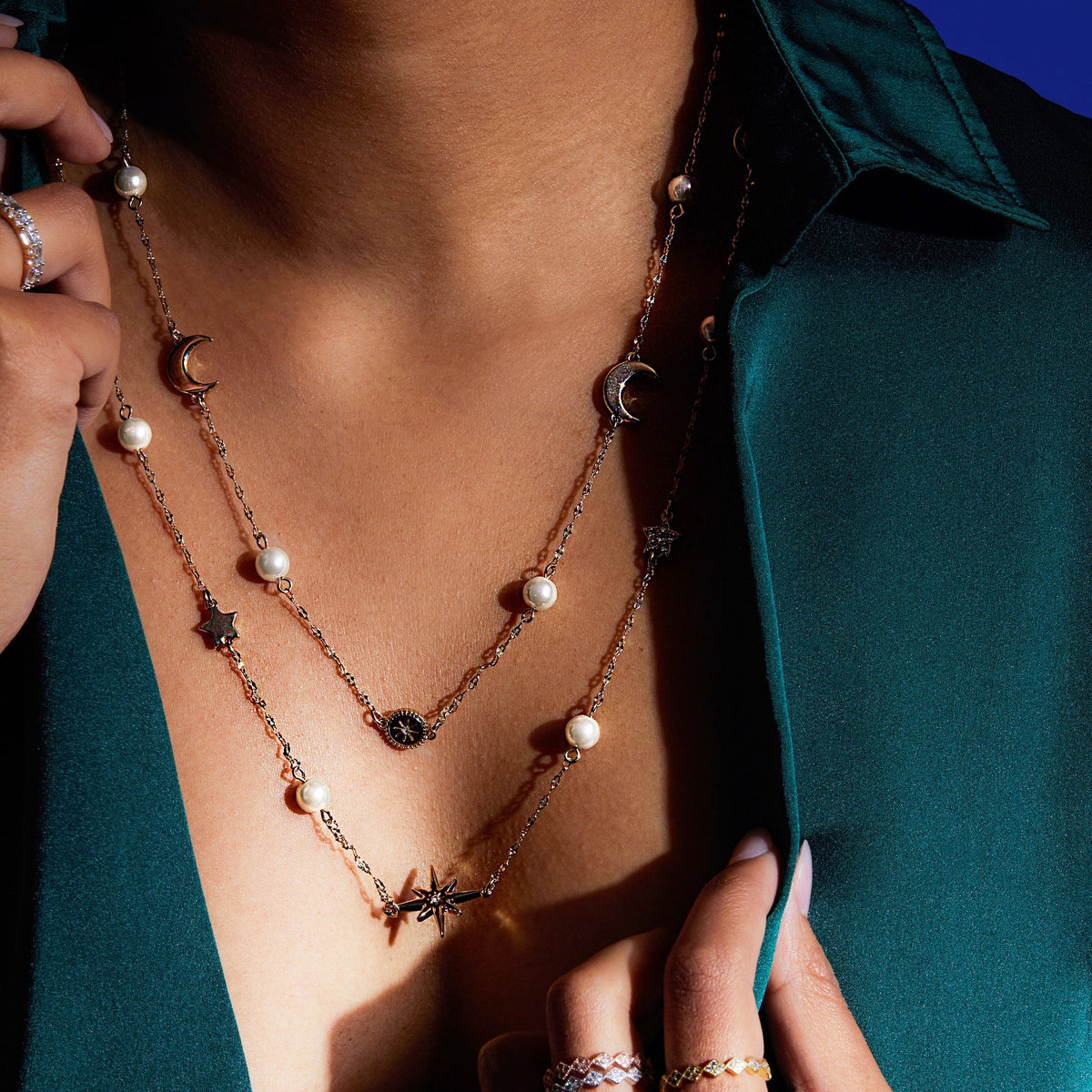 Gold Plated Crystal And Cream Pearl Celestial Necklace
