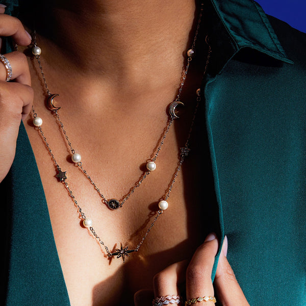 Gold Plated Crystal And Cream Pearl Celestial Necklace