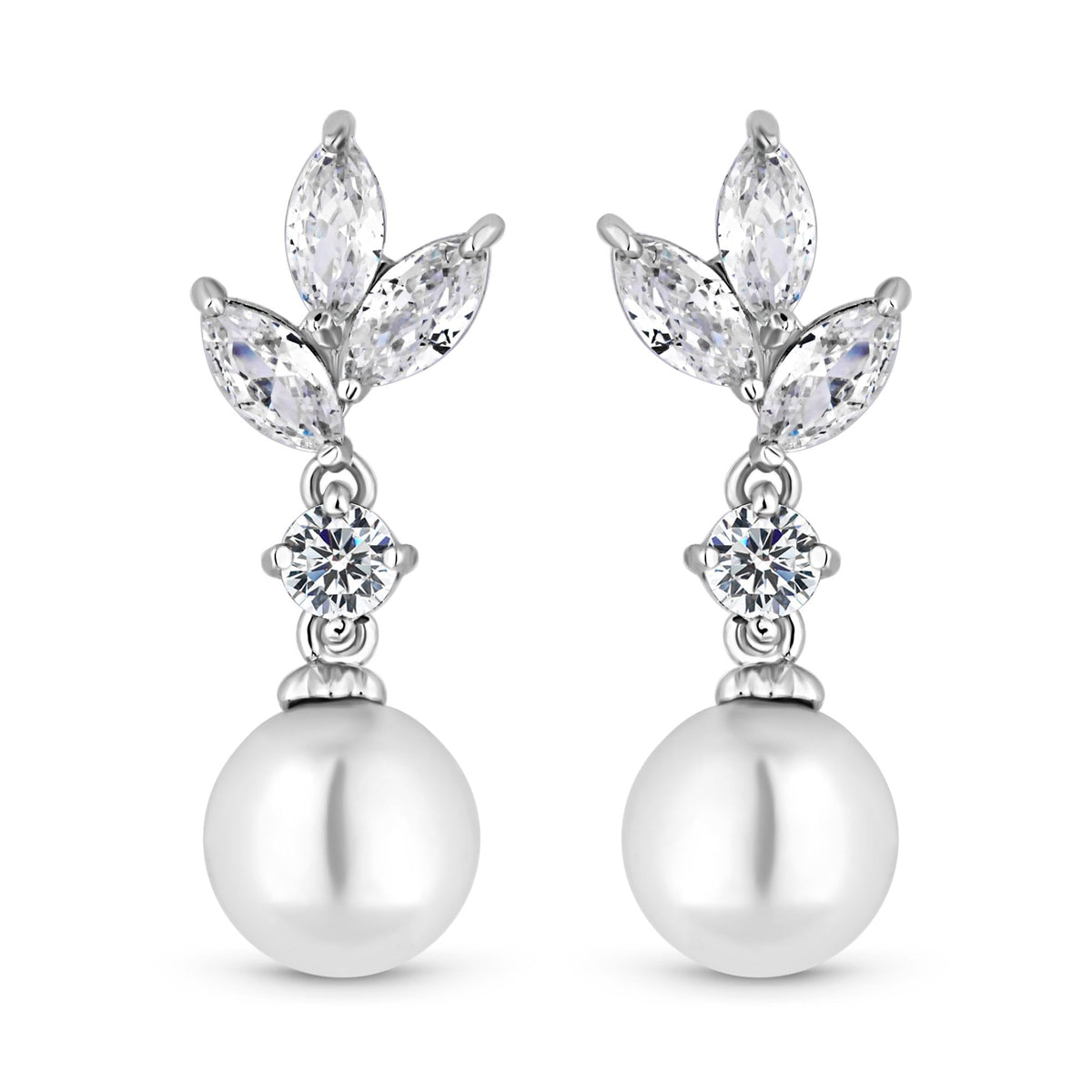 Rhodium Plated Cubic Zirconia Navette And Pearl Drop Earrings