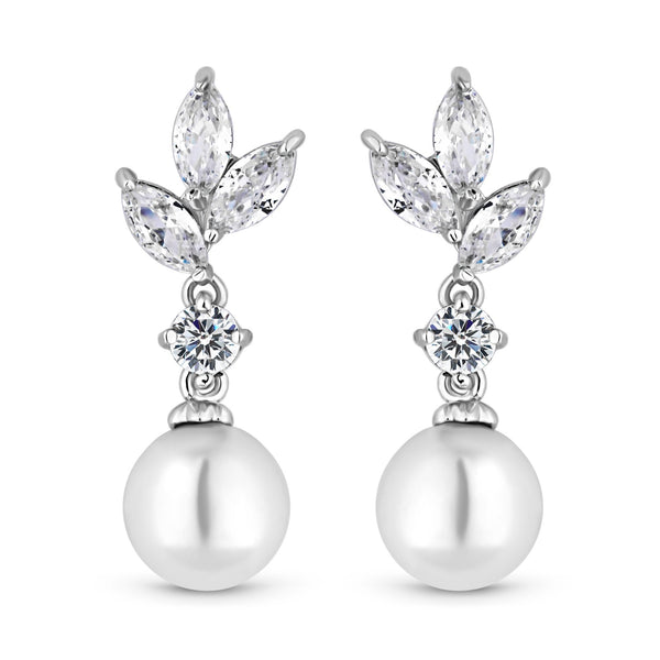 Rhodium Plated Cubic Zirconia Navette And Pearl Drop Earrings