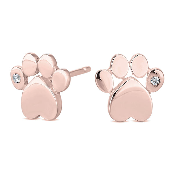 14ct Rose Gold Sterling Silver 925 Cubic Zirconia Paw Print Stud Earrings