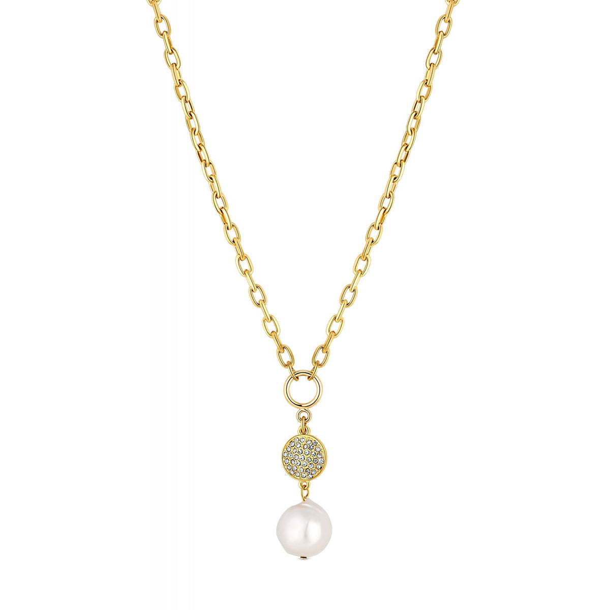 Mood Gold Plated Pave Disc And Pearl Chain Necklace