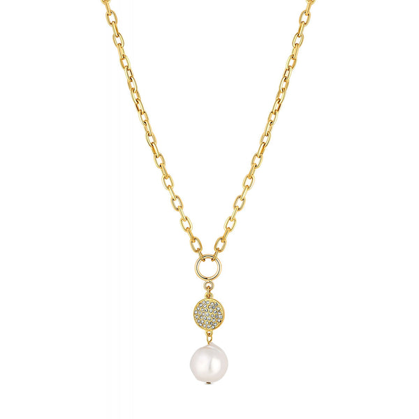 Mood Gold Plated Pave Disc And Pearl Chain Necklace