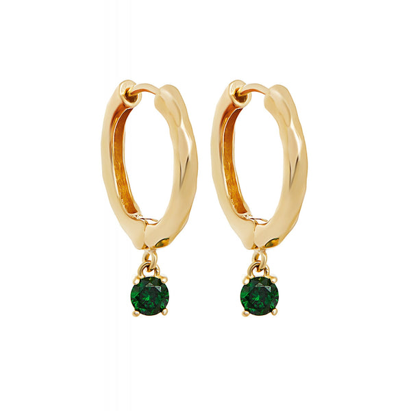 Simply Silver Sterling Silver 925 14ct Gold With Green Cubic Zirconia Charm Texture Hoop Earrings