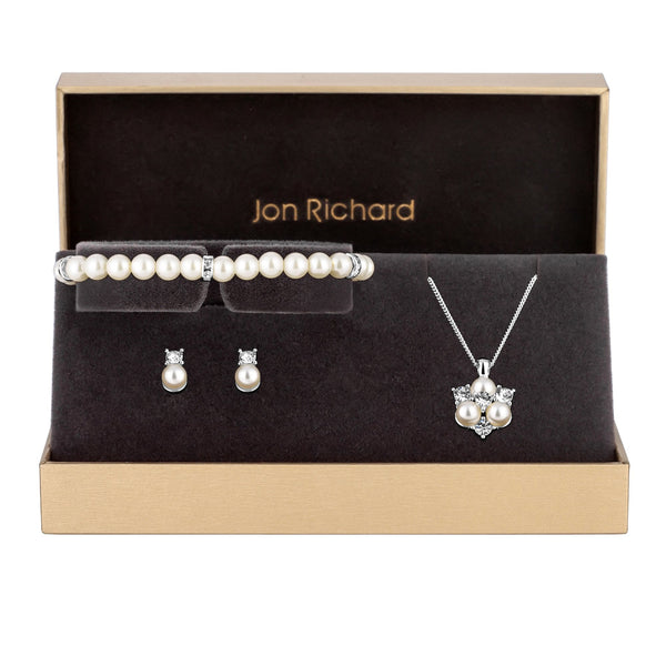 Jon Richard Silver Plated Clear Crystal Pearl And Crystal Cluster Trio Set - Gift Boxed