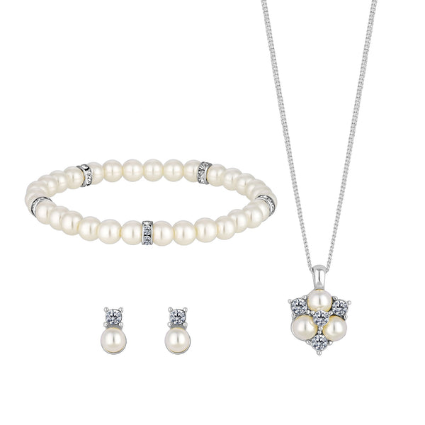 Jon Richard Silver Plated Clear Crystal Pearl And Crystal Cluster Trio Set - Gift Boxed