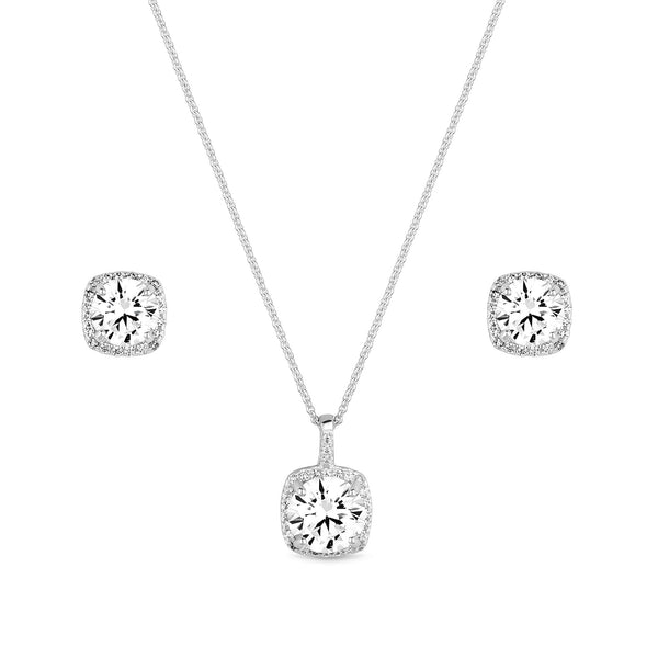 Simply Silver Sterling Silver 925 Halo Square Solitaire Matching Jewellery Set - Gift Boxed