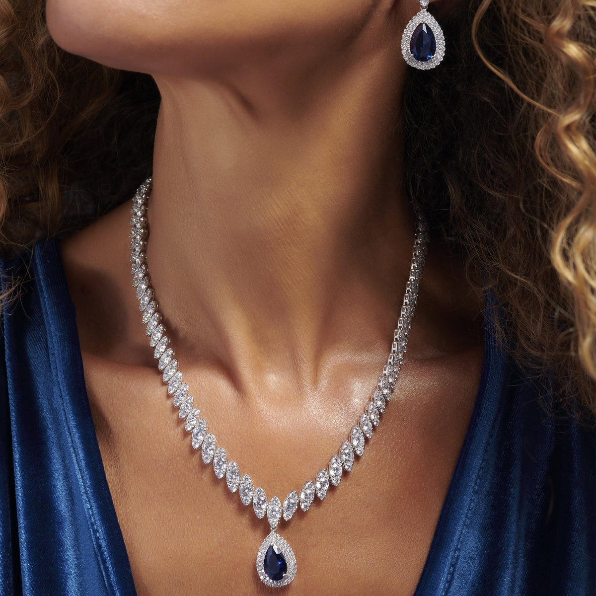 Silver Plated Cubic Zirconia Baguette Navette Blue Sapphire Pear Drop Necklace - Gift Boxed