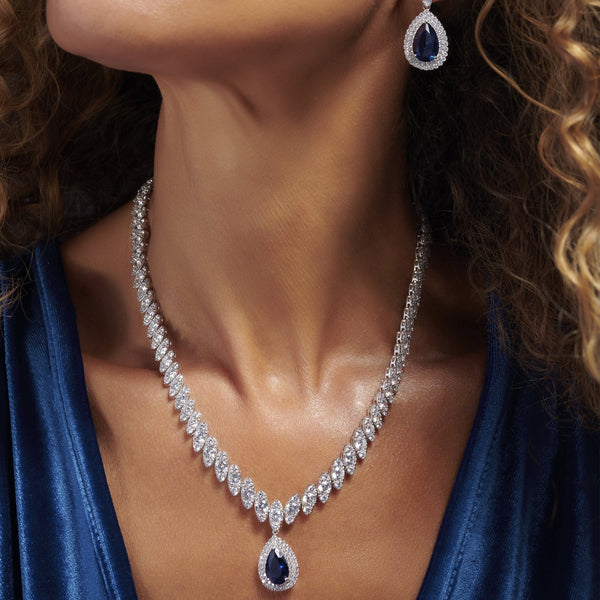 Silver Plated Cubic Zirconia Baguette Navette Blue Sapphire Pear Drop Necklace - Gift Boxed