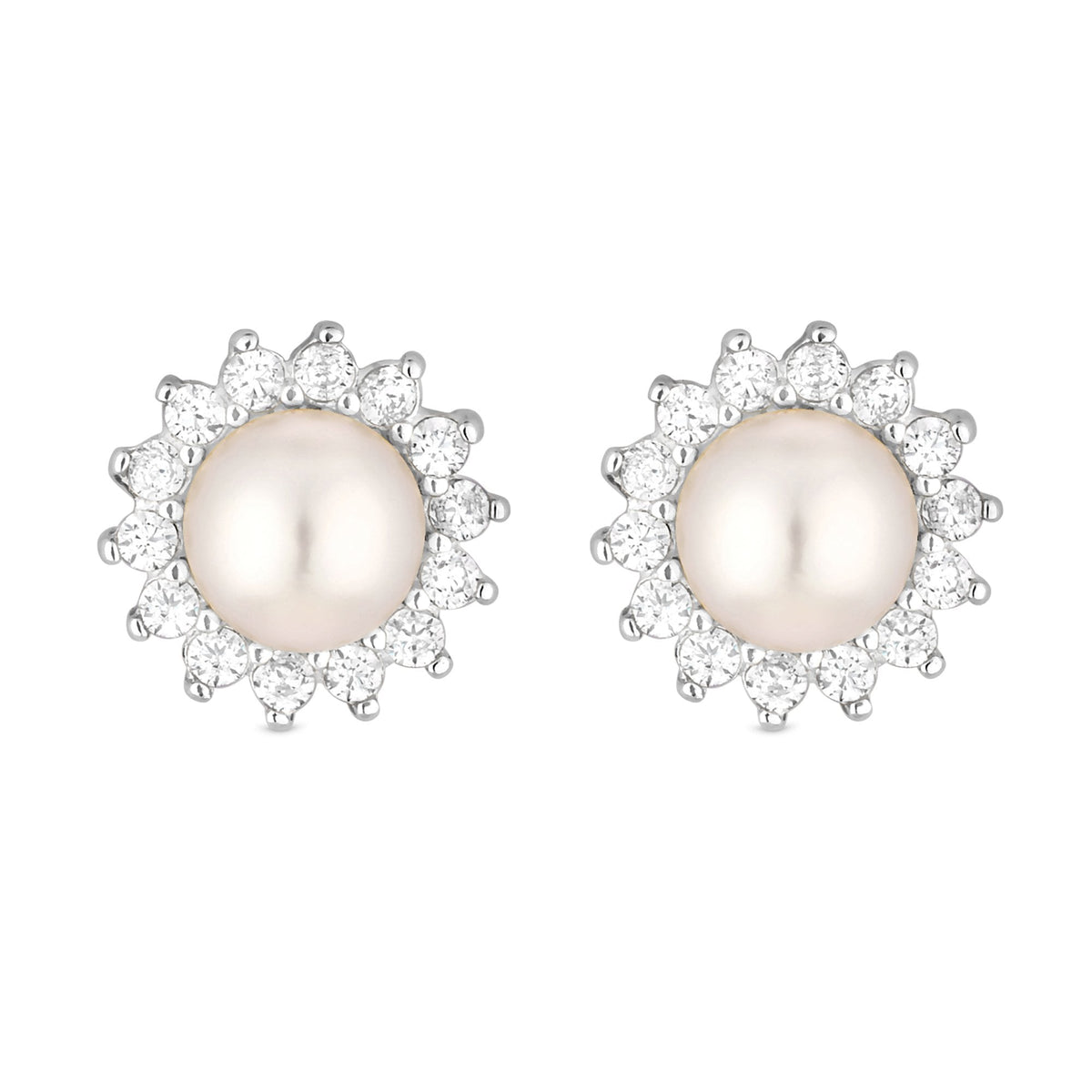 Simply Silver Sterling Silver 925 Freshwater Pearl And Cubic Zirconia Halo Stud Earrings