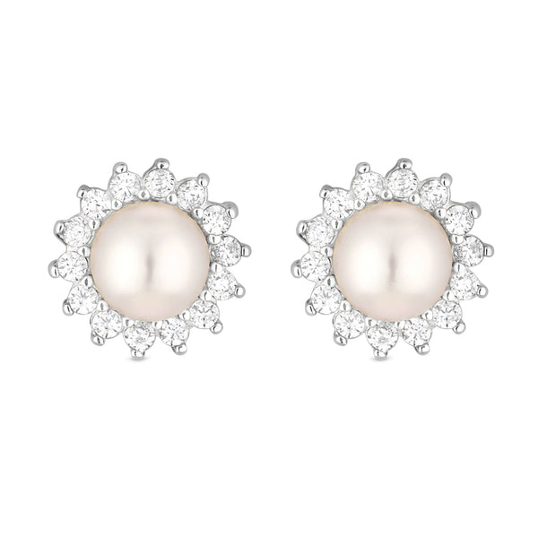 Simply Silver Sterling Silver 925 Freshwater Pearl And Cubic Zirconia Halo Stud Earrings