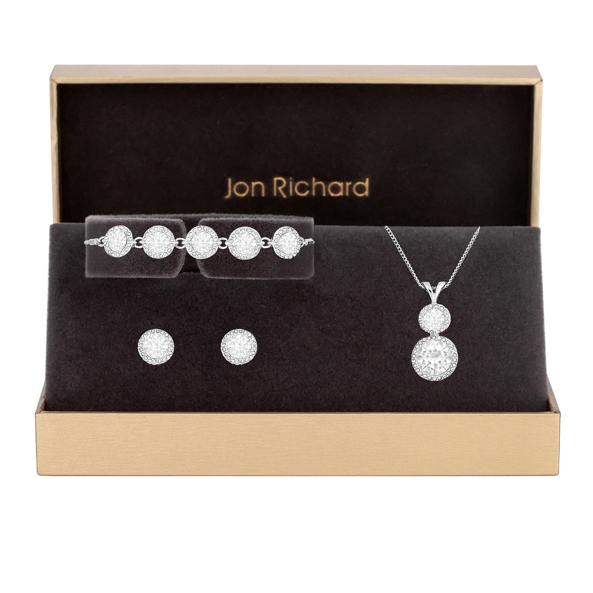 Jon Richard Silver Plated Crystal Halo Double Solitaire Trio Set - Gift Boxed