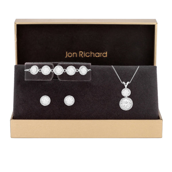 Jon Richard Silver Plated Crystal Halo Double Solitaire Trio Set - Gift Boxed