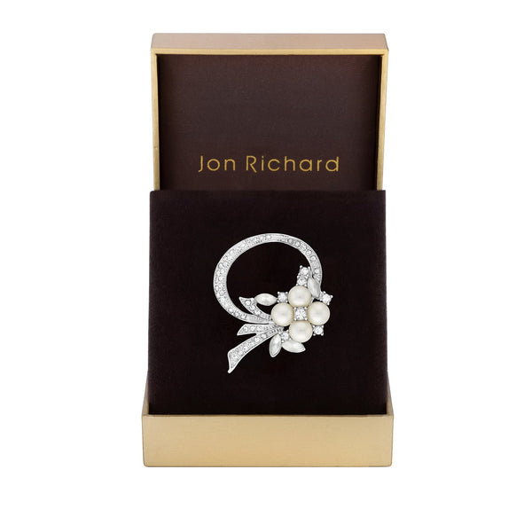 Jon Richard Rhodium Plated Open Bouquet Pearl And Crystal Brooch - Gift Boxed