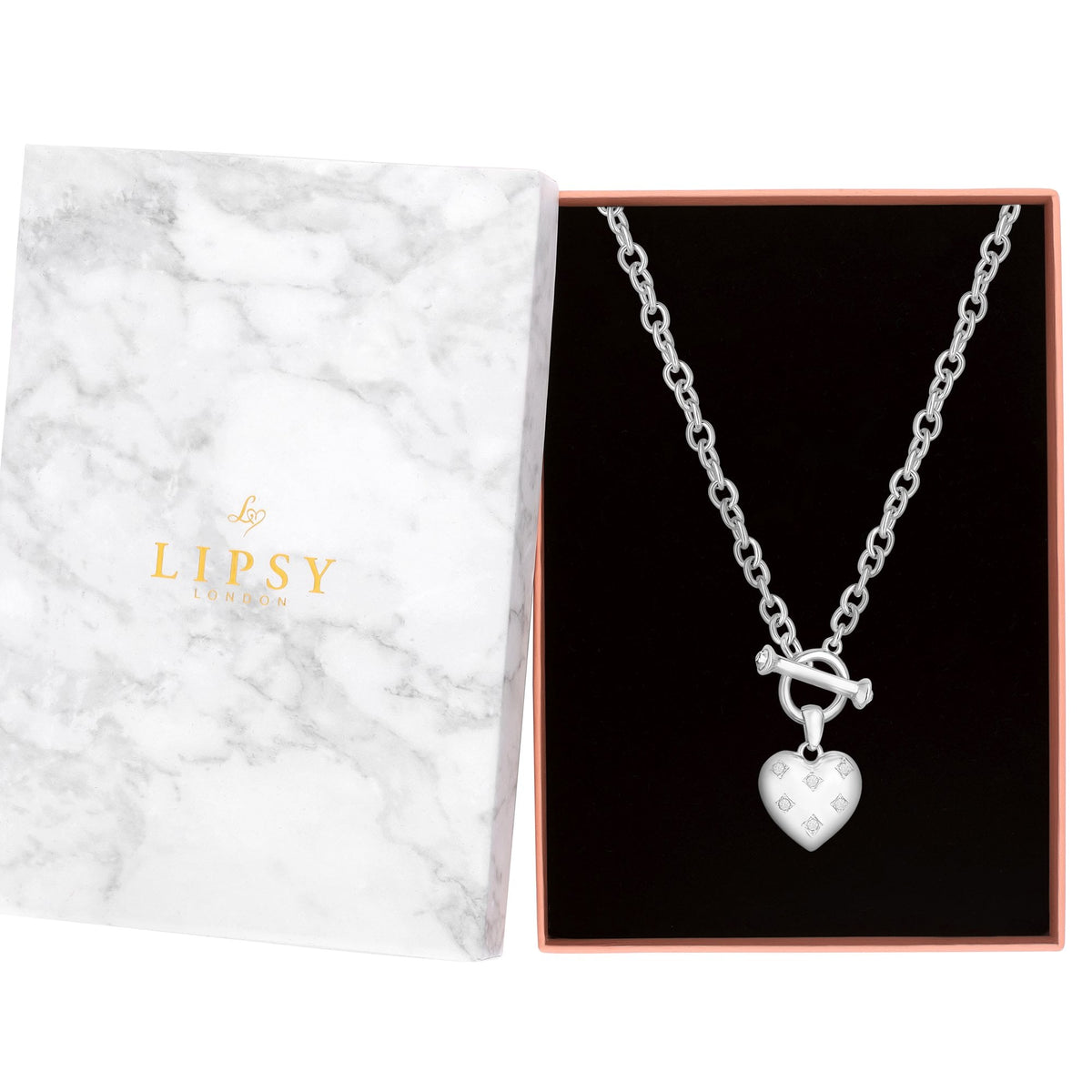 Lipsy Silver Heart T Bar Necklace - Gift Boxed