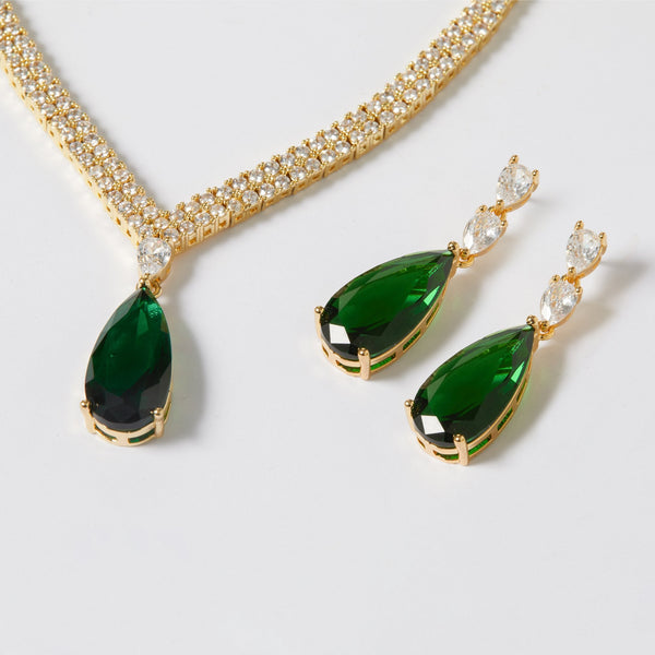 Gold Plated Cubic Zirconia Emerald Green Pear Drop Earrings - Gift Boxed