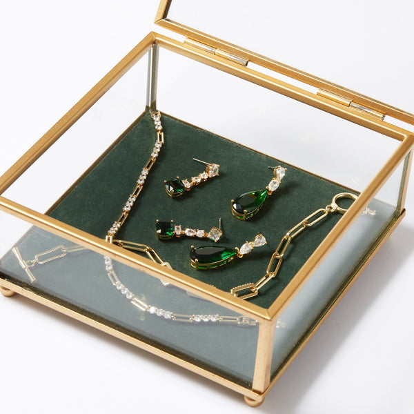 Gold Plated Cubic Zirconia Emerald Green Pear Drop Earrings - Gift Boxed